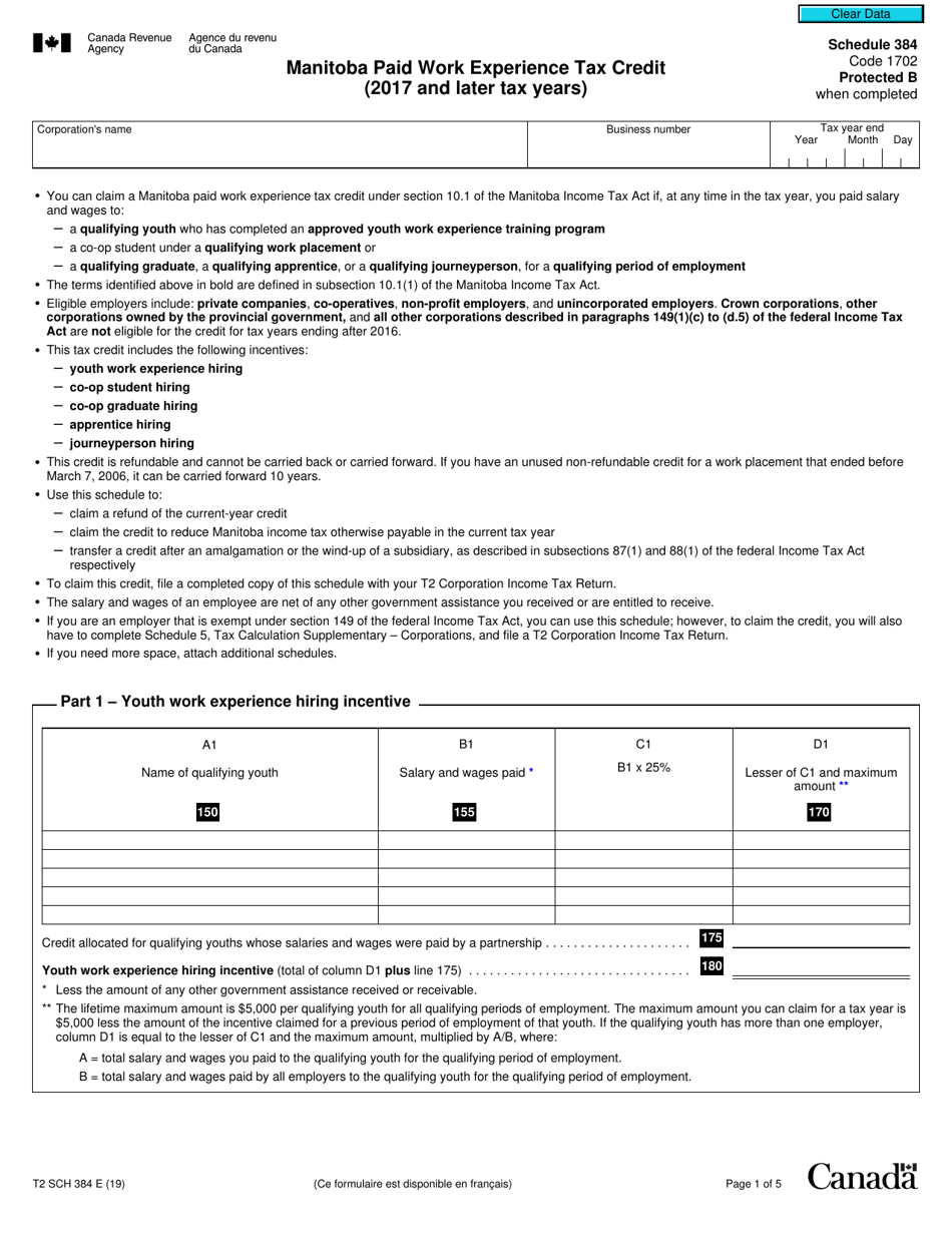 Form T2 Schedule 384 Manitoba Film and Video Production Tax Credit (2017 and Later Tax Years) - Canada, Page 1