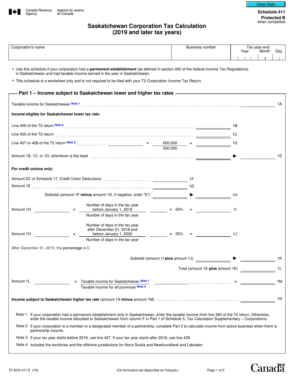 Form T2 Schedule 411 Saskatchewan Corporation Tax Calculation (2019 and Later Tax Years) - Canada, Page 1