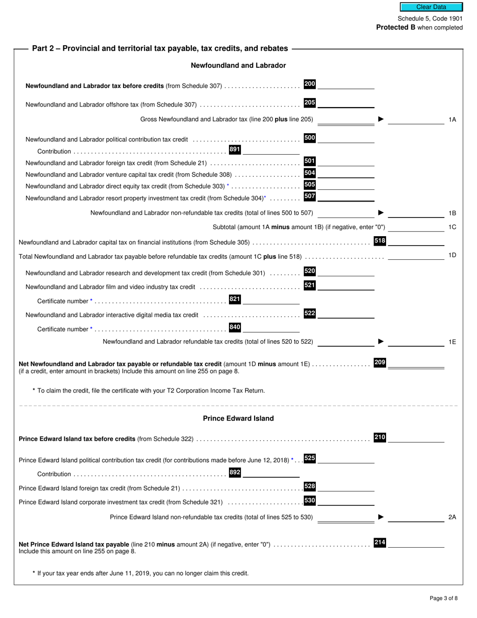 Form T2 Schedule 5 Tax Calculation Supplementary - Corporations (2019 and Later Tax Years) - Canada, Page 3