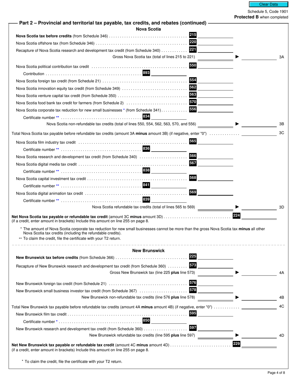 Form T2 Schedule 5 Tax Calculation Supplementary - Corporations (2019 and Later Tax Years) - Canada, Page 4