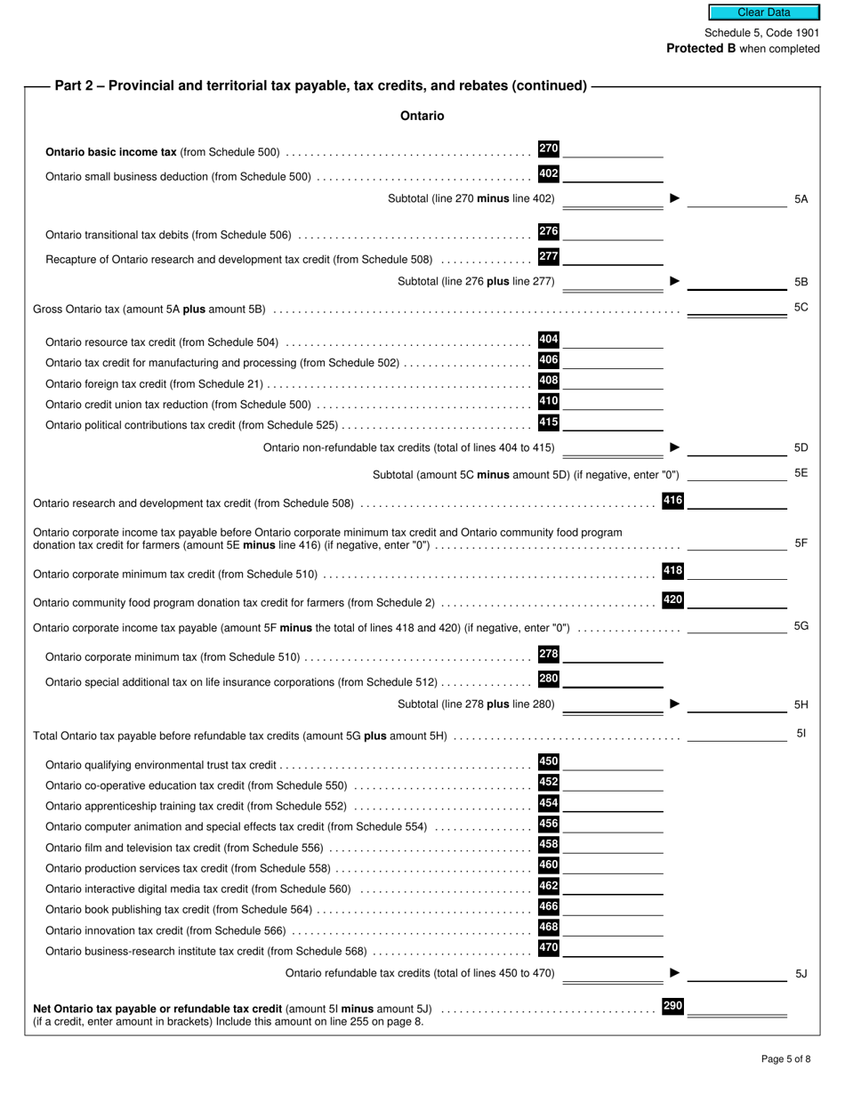 Form T2 Schedule 5 Tax Calculation Supplementary - Corporations (2019 and Later Tax Years) - Canada, Page 5