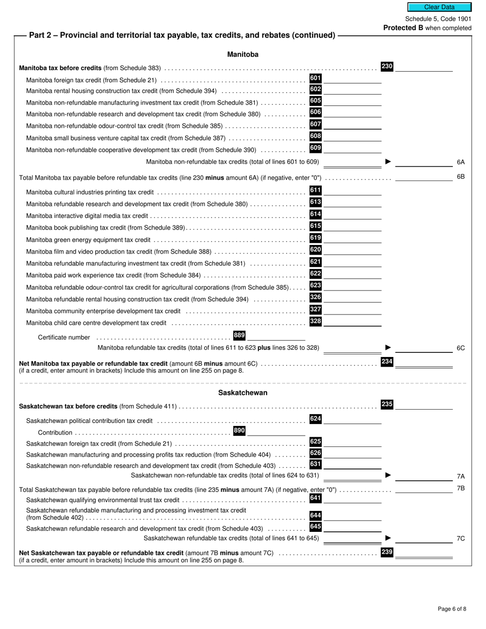 Form T2 Schedule 5 Tax Calculation Supplementary - Corporations (2019 and Later Tax Years) - Canada, Page 6