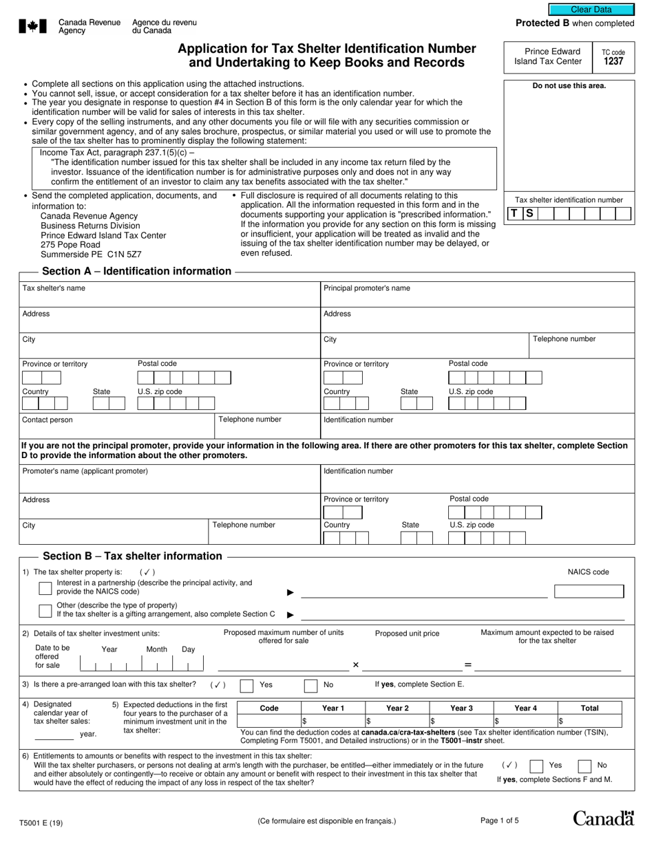 Form T5001 Application for Tax Shelter Identification Number and Undertaking to Keep Books and Records - Canada, Page 1