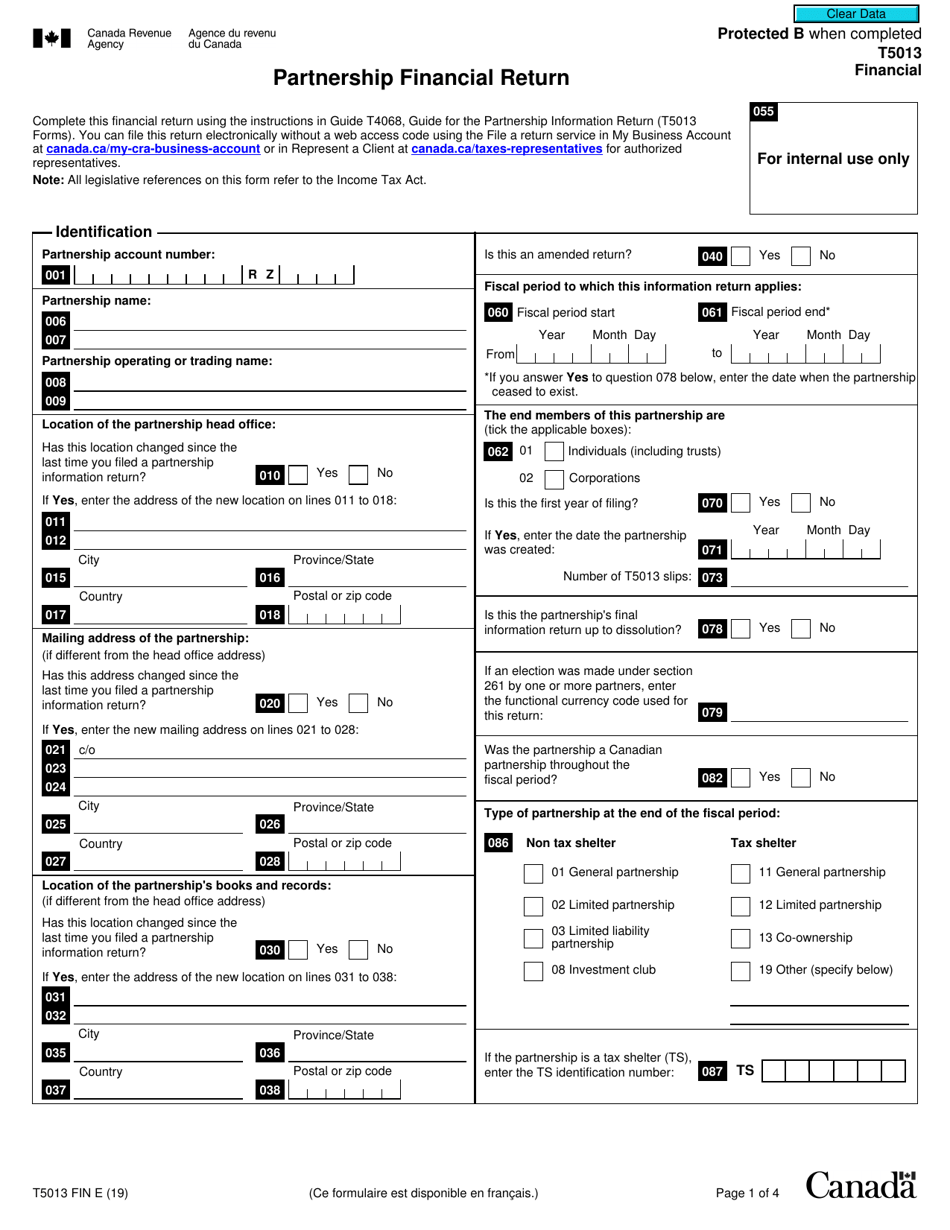 Form T5013 FIN Partnership Financial Return - Canada, Page 1