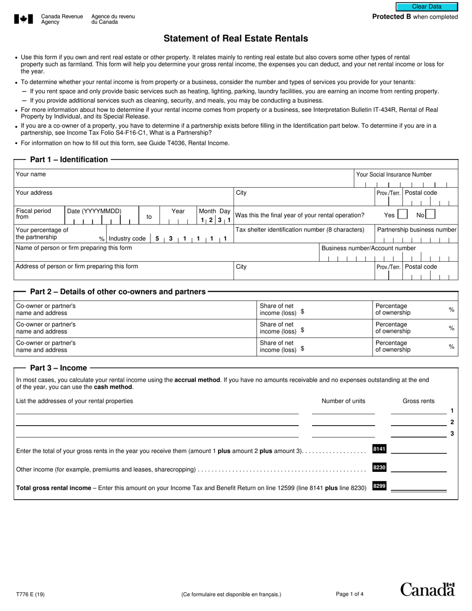 Form T776 Statement of Real Estate Rentals - Canada, Page 1