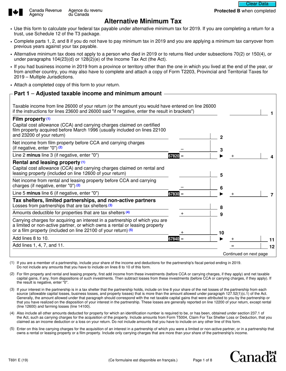 Form T691 Alternative Minimum Tax - Canada, Page 1