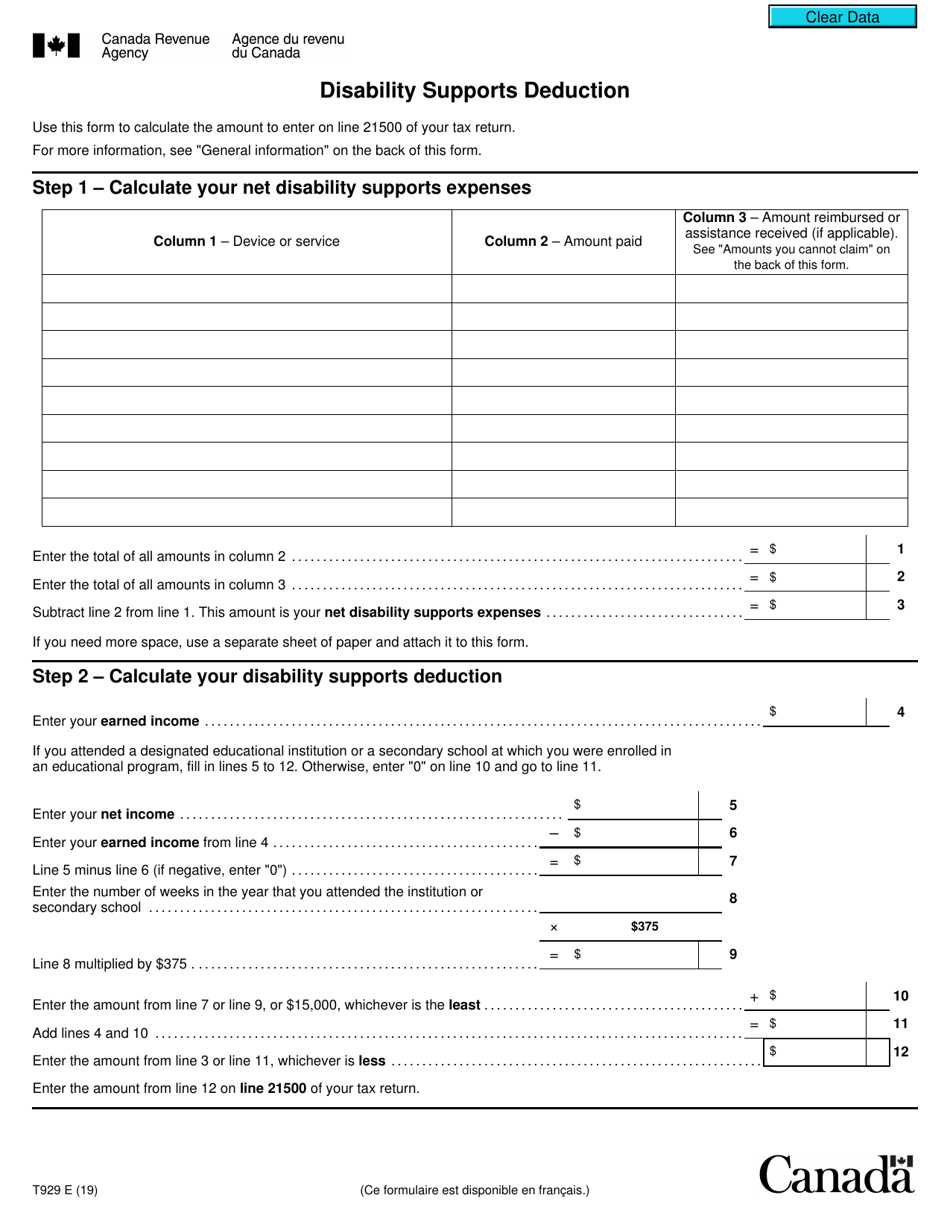 Form T929 Disability Supports Deduction - Canada, Page 1
