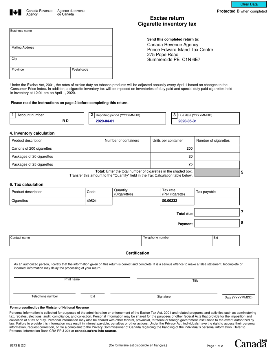 Form B273 Excise Return - Cigarette Inventory Tax - Canada, Page 1
