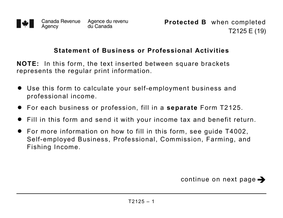 Form T2125 Statement of Business or Professional Activities (Large Print) - Canada, Page 1