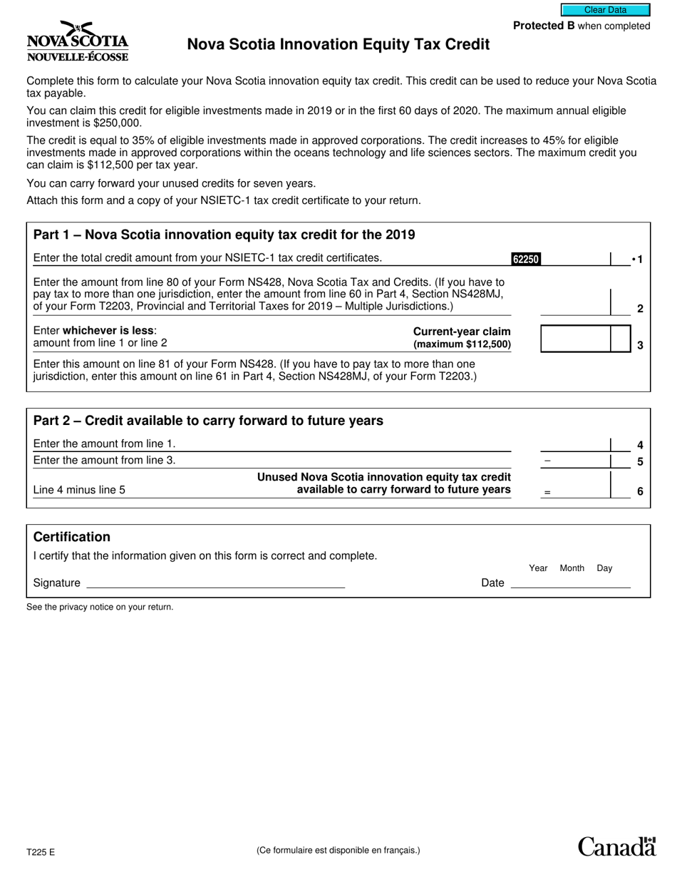 Form T225 Nova Scotia Innovation Equity Tax Credit - Canada, Page 1