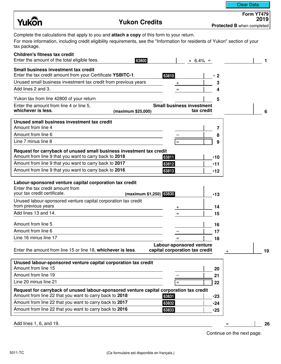 Form 5011-TC (YT479) Yukon Credits - Canada, Page 1