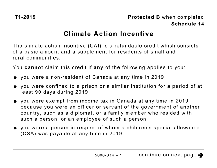 Form 5008-S14 Schedule 14 Climate Action Incentive - Saskatchewan (Large Print) - Canada, 2019