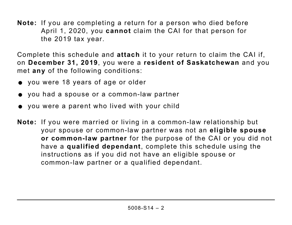 Form 5008-S14 Schedule 14 Climate Action Incentive - Saskatchewan (Large Print) - Canada, Page 2