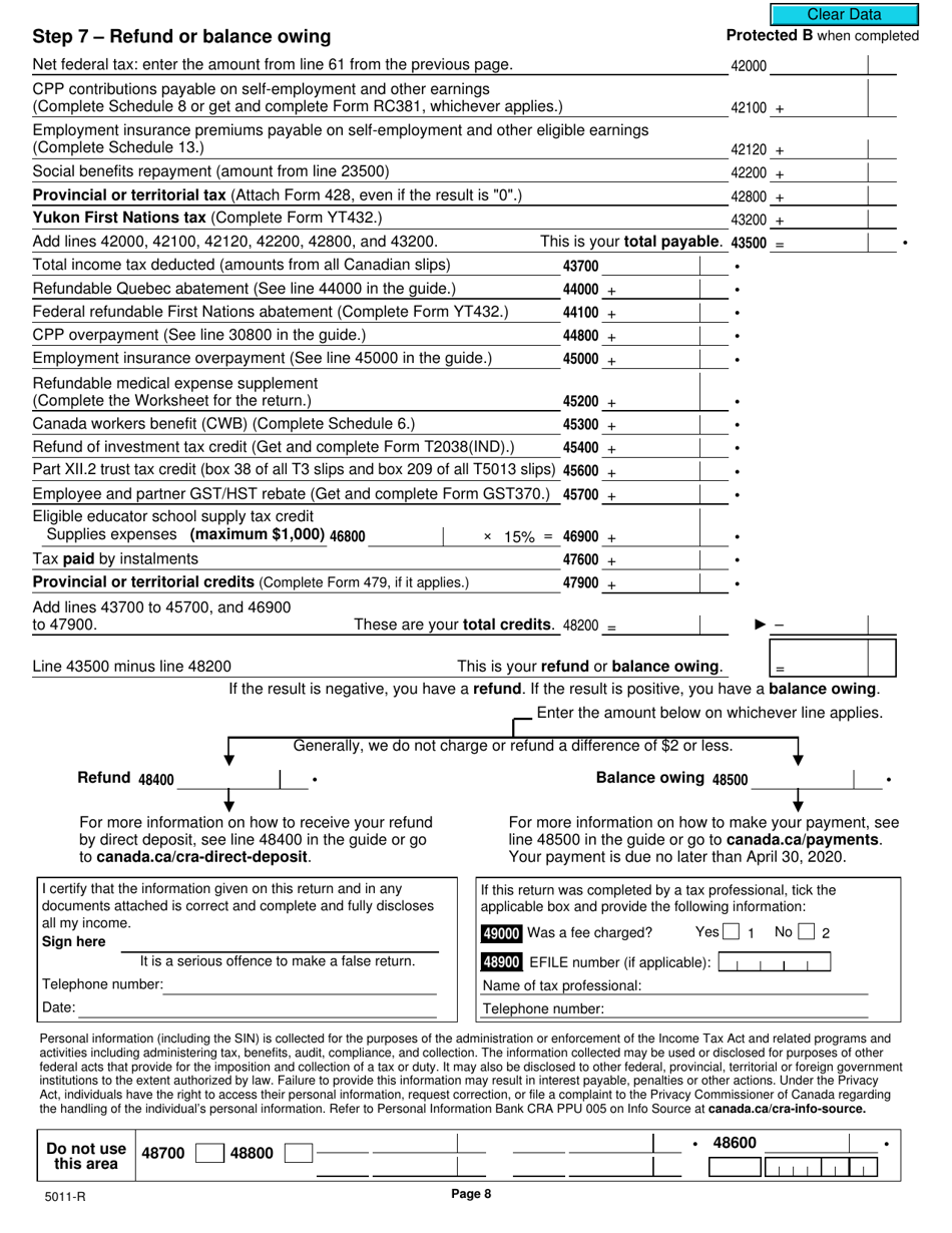 Form 5011-R Income Tax and Benefit Return - Canada, Page 8