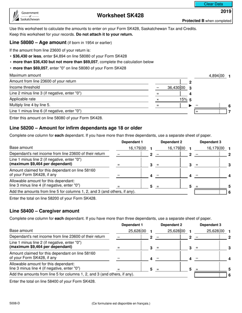 Form 5008-D Worksheet SK428 2019 Printable Pdf