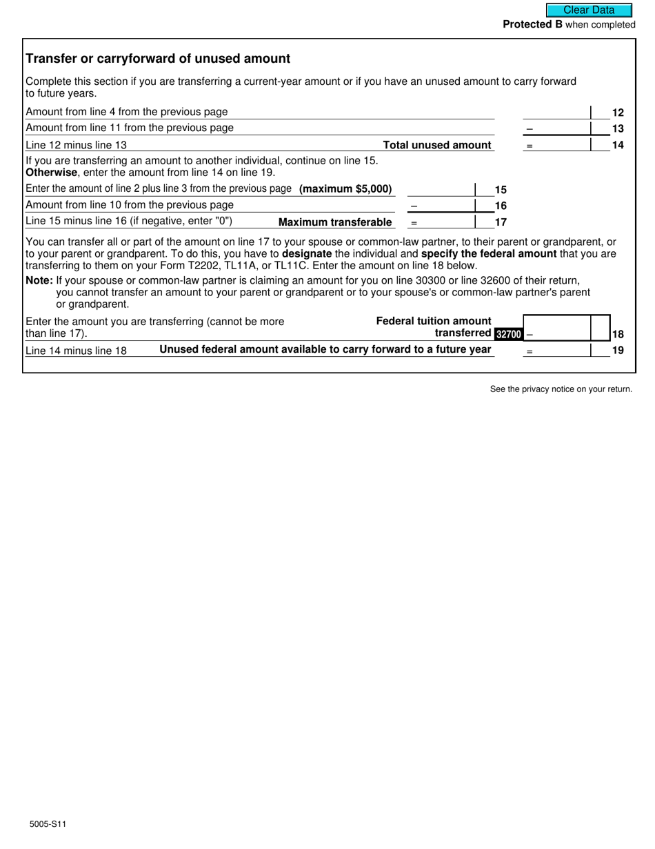 Form 5005-S11 Schedule 11 Federal Tuition, Education, and Textbook Amounts - Canada, Page 2