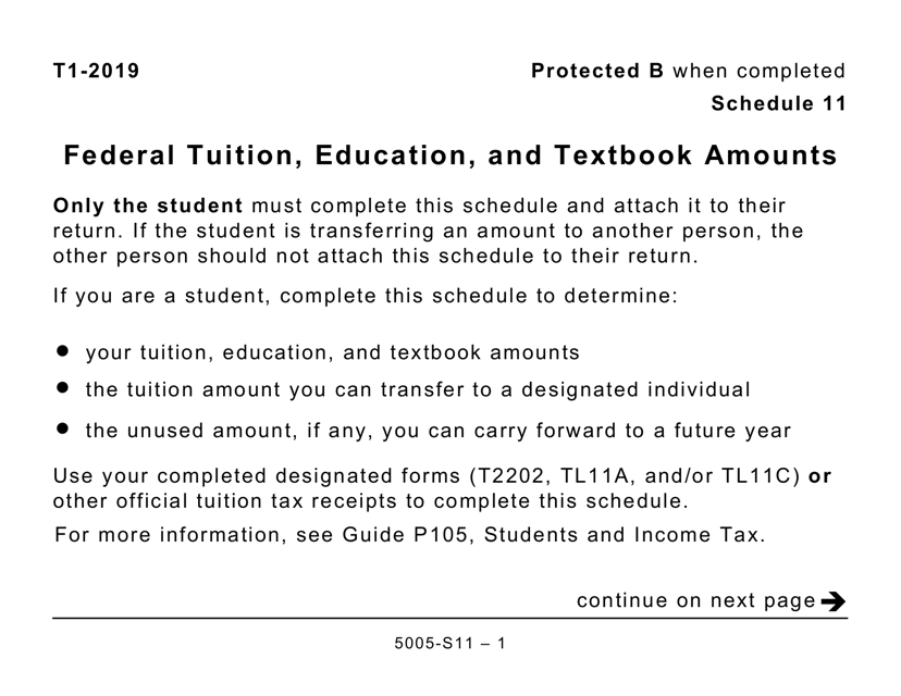 Form 5005-S11 Schedule 11 Federal Tuition, Education, and Textbook Amounts (Large Print) - Canada, 2019