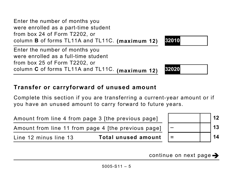 Form 5005-S11 Schedule 11 Federal Tuition, Education, and Textbook Amounts (Large Print) - Canada, Page 5