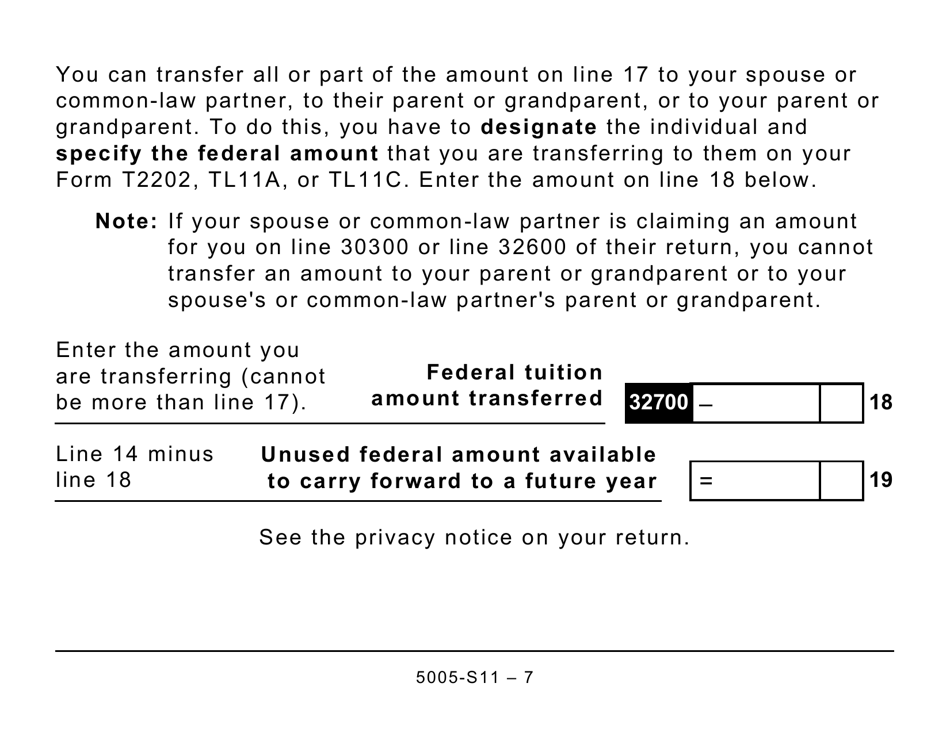 Form 5005-S11 Schedule 11 Federal Tuition, Education, and Textbook Amounts (Large Print) - Canada, Page 7