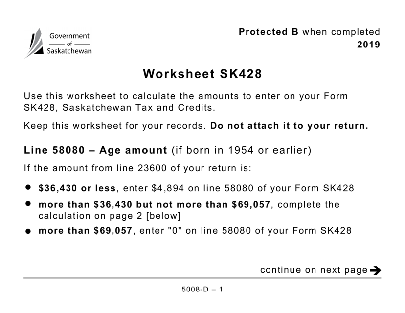 Form 5008-D Worksheet SK428 Saskatchewan - Large Print - Canada, 2019