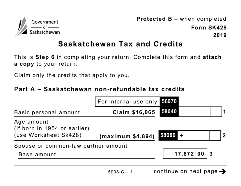 Form 5008-C (SK428) Saskatchewan Tax and Credits - Large Print - Canada, 2019