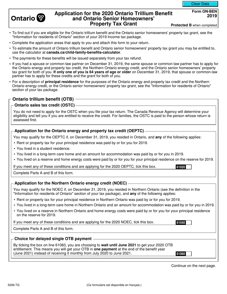 Form ON-BEN (5006-TG) Application for the 2020 Ontario Trillium Benefit and Ontario Senior Homeowners Property Tax Grant - Canada, Page 1