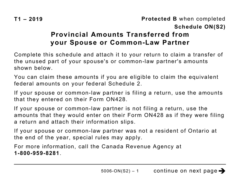 Form 5006-S2 Schedule ON(S2) Provincial Amounts Transferred From Your Spouse or Common-Law Partner - Ontario (Large Print) - Canada, 2019