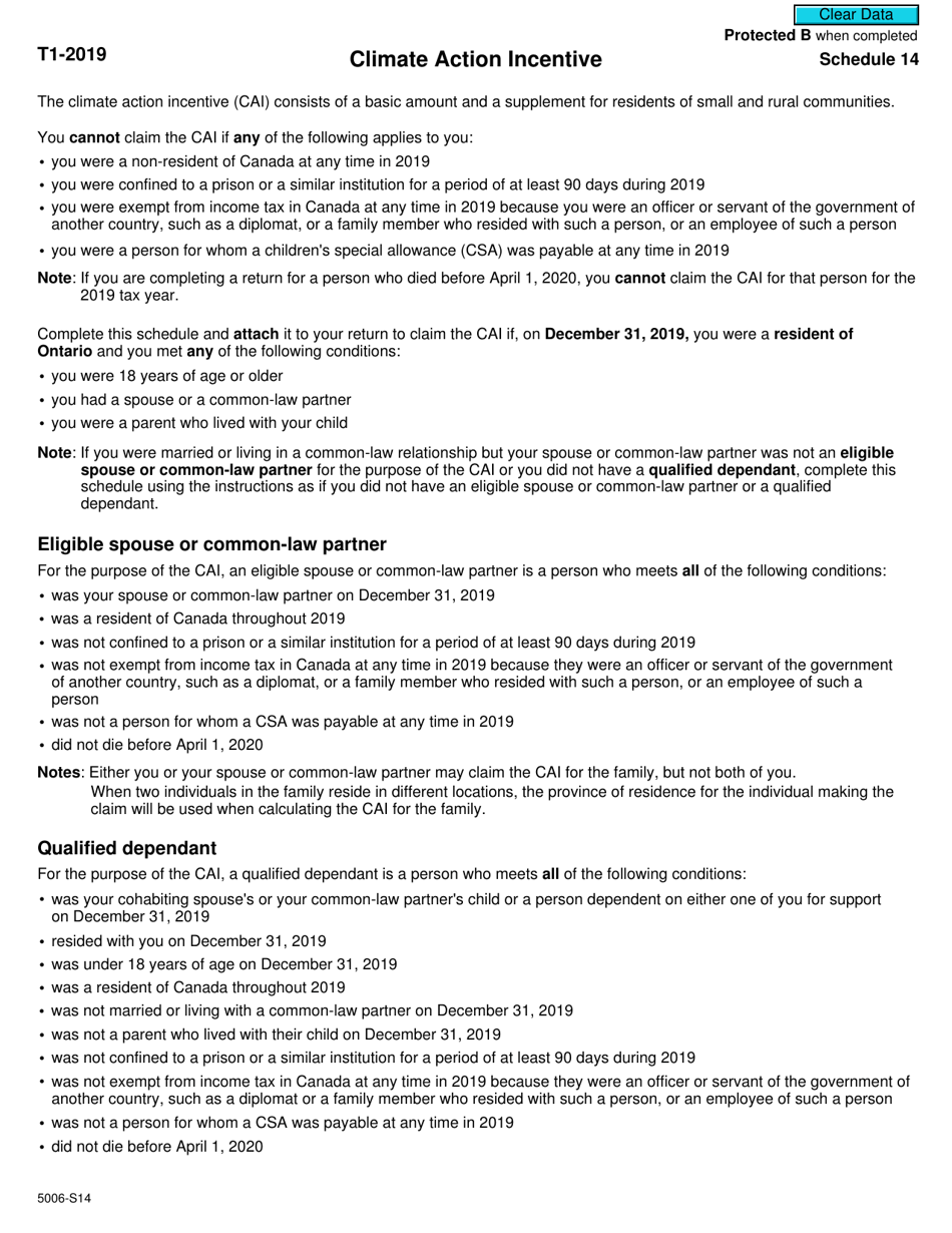 Form 5006-S14 Schedule 14 Climate Action Incentive - Ontario - Canada, Page 1