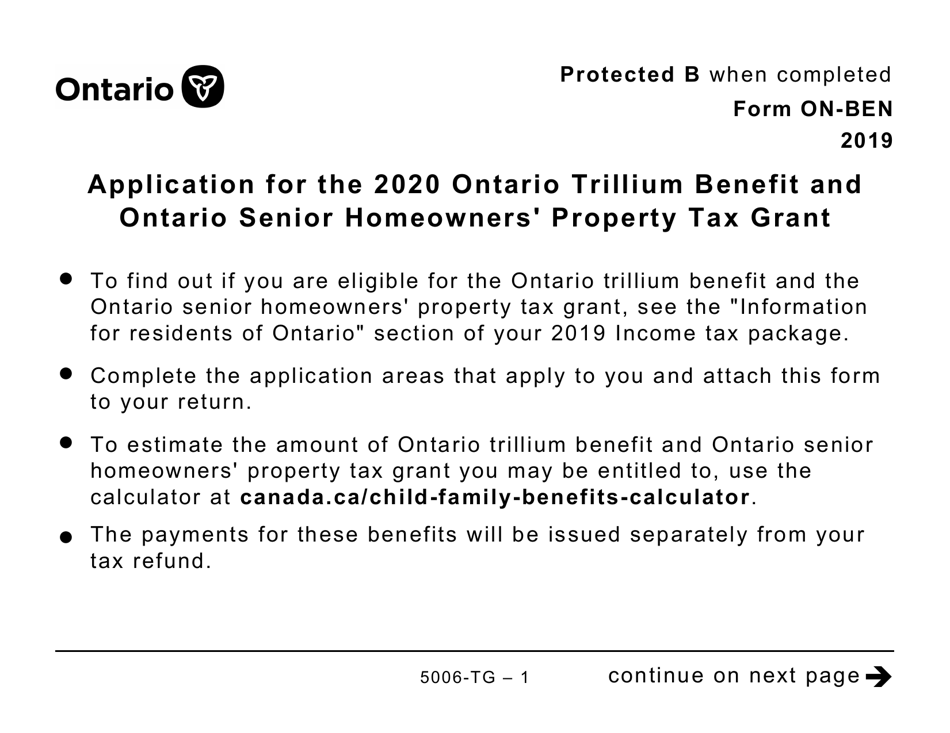 Form ON-BEN (5006-TG) Application for the 2020 Ontario Trillium Benefit and Ontario Senior Homeowners Property Tax Grant (Large Print) - Canada, Page 1