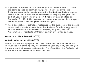 Form ON-BEN (5006-TG) Application for the 2020 Ontario Trillium Benefit and Ontario Senior Homeowners&#039; Property Tax Grant (Large Print) - Canada, Page 2