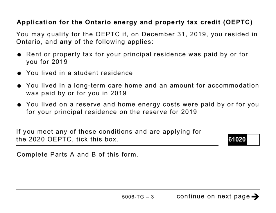Form ON-BEN (5006-TG) Application for the 2020 Ontario Trillium Benefit and Ontario Senior Homeowners Property Tax Grant (Large Print) - Canada, Page 3