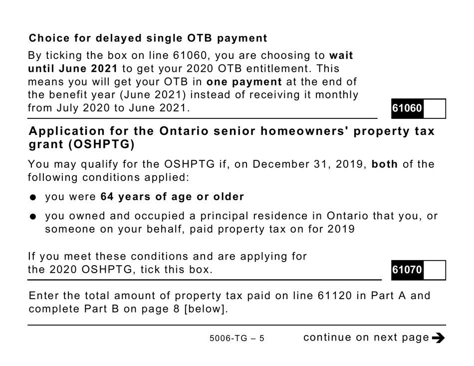Form ON-BEN (5006-TG) Application for the 2020 Ontario Trillium Benefit and Ontario Senior Homeowners Property Tax Grant (Large Print) - Canada, Page 5