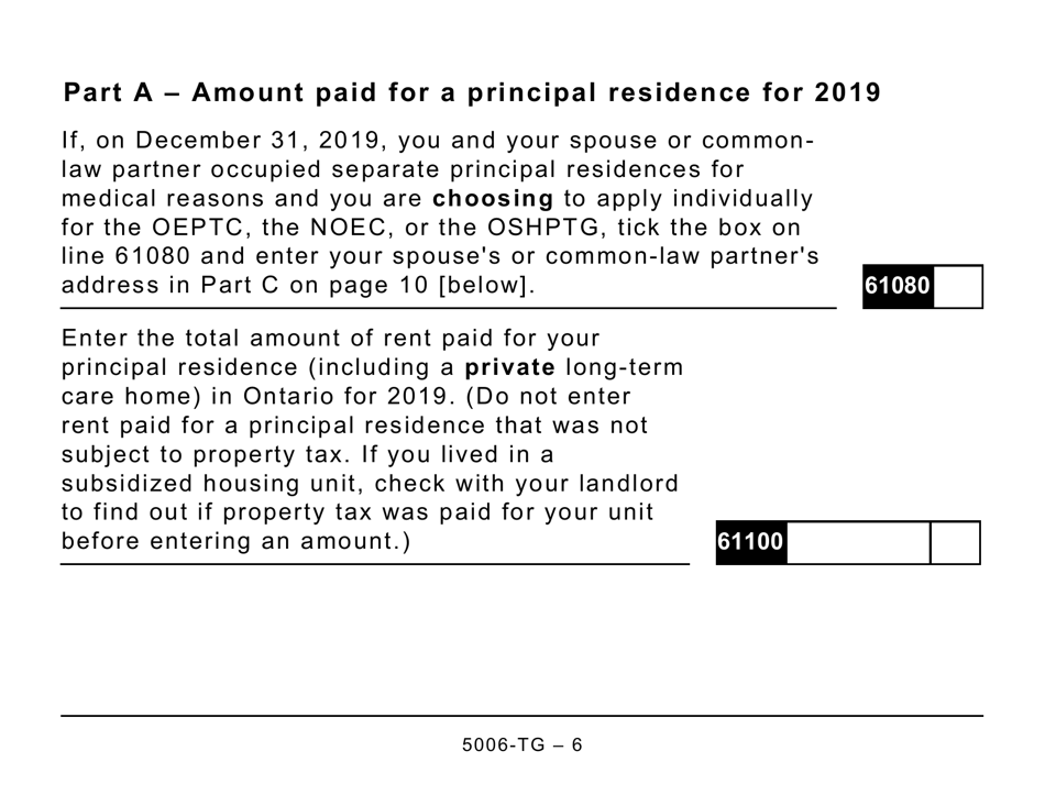 Form ON-BEN (5006-TG) Application for the 2020 Ontario Trillium Benefit and Ontario Senior Homeowners Property Tax Grant (Large Print) - Canada, Page 6