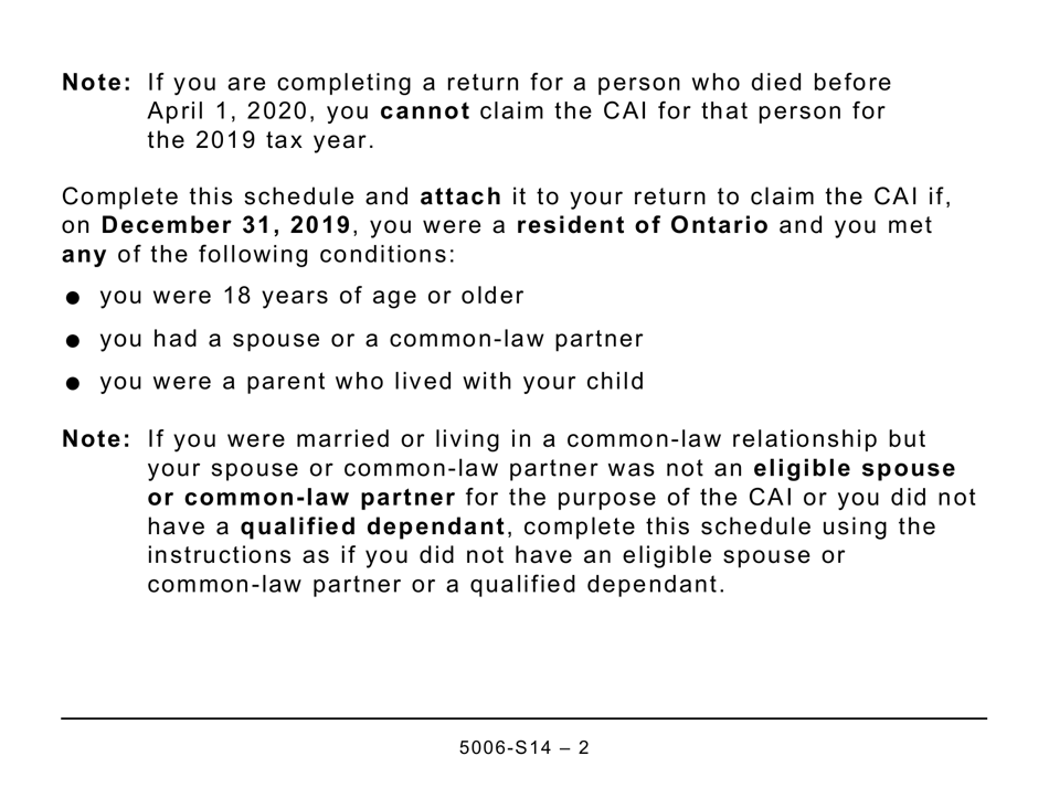 Form 5006-S14 Schedule 14 Climate Action Incentive - Ontario (Large Print) - Canada, Page 2