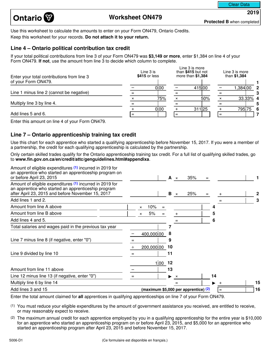 Form 5006-D1 Worksheet ON479 Ontario - Canada, Page 1