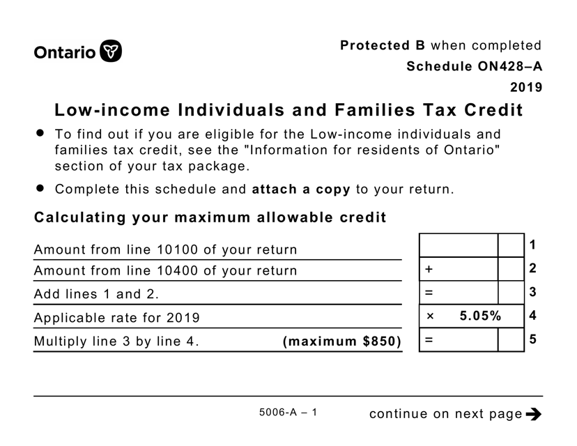 Form 5006-A Schedule ON428-A Low-Income Individuals and Families Tax Credit (Large Print) - Canada, 2019