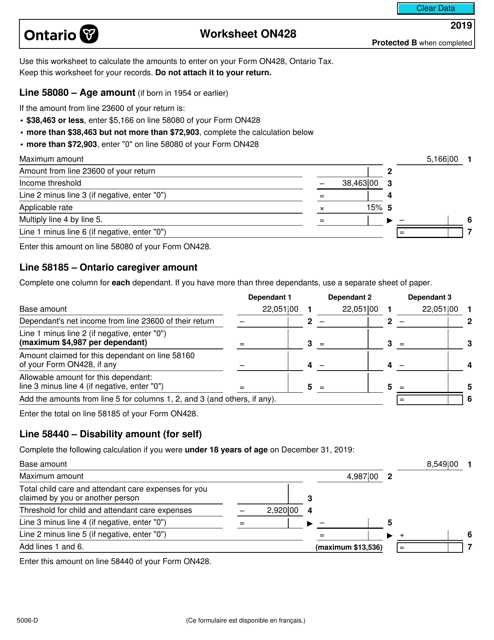 Form 5006-D Worksheet ON428 2019 Printable Pdf