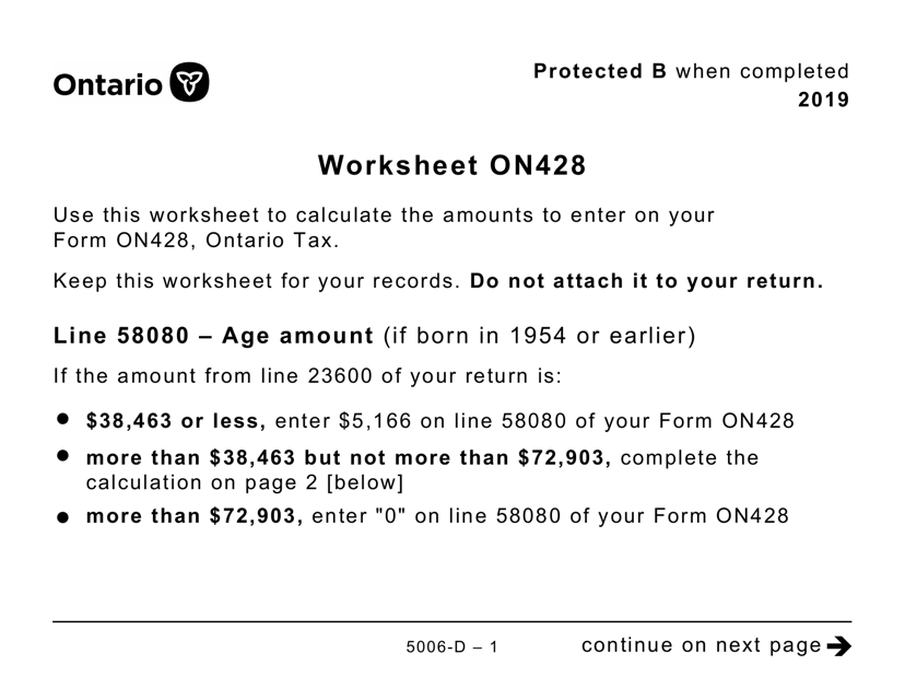 Form 5006-D Worksheet ON428 2019 Printable Pdf