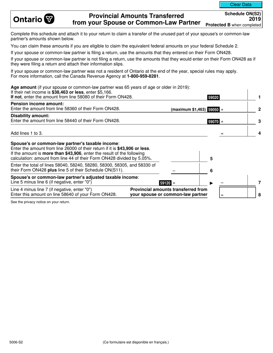 Form 5006-S2 Schedule ON(S2) Provincial Amounts Transferred From Your Spouse or Common-Law Partner - Ontario - Canada, Page 1