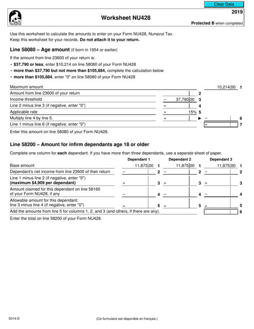 Form 5014-D Worksheet NU428 2019 Printable Pdf