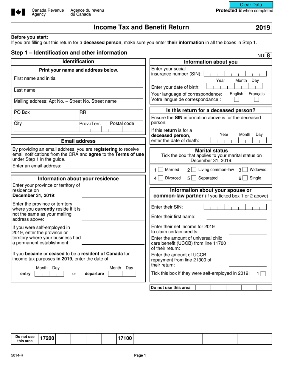 Form 5014-R Income Tax and Benefit Return - Nunavut - Canada, Page 1