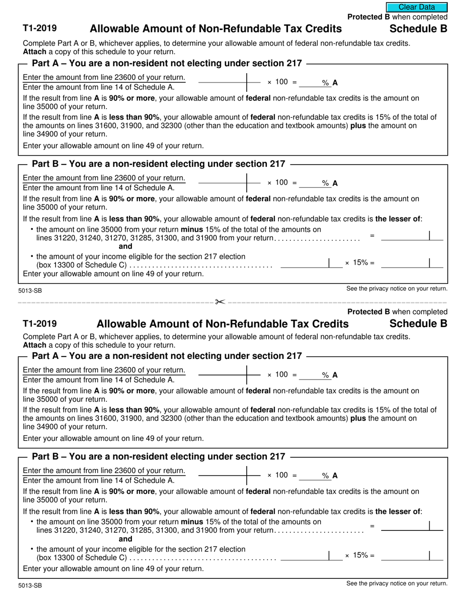 Form 5013-SB Schedule B Allowable Amount of Non-refundable Tax Credits - Non-residents of Canada - Canada, Page 1