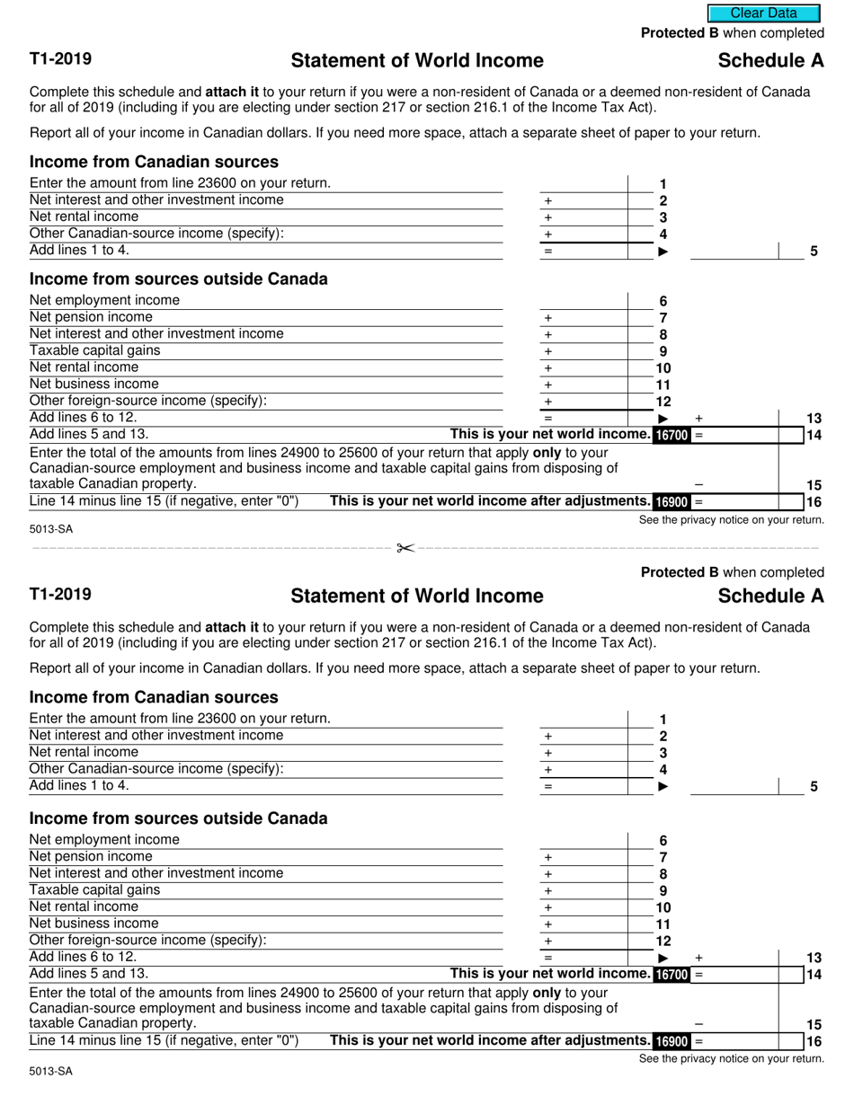 Form 5013-SA Schedule A Statement of World Income - Non-residents of Canada - Canada, Page 1