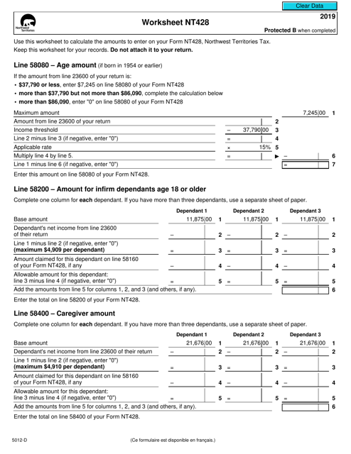 Form 5012-D Worksheet NT428 2019 Printable Pdf