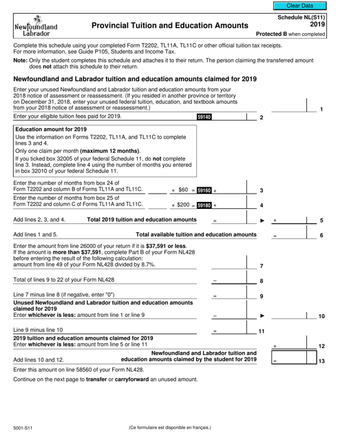 Form 5001-S11 Schedule NL(S11) 2019 Printable Pdf