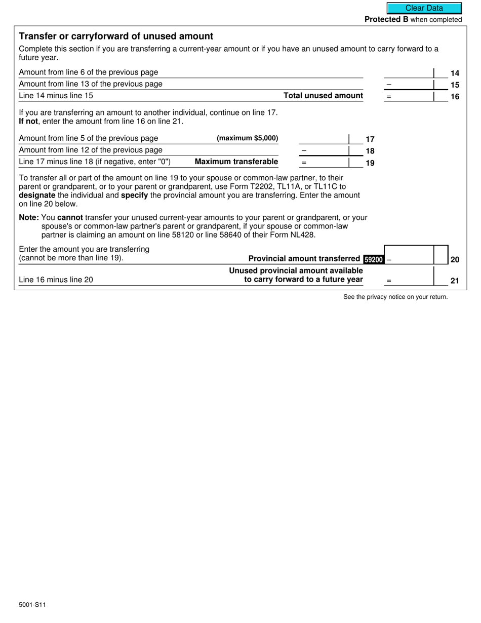 Form 5001-S11 Schedule NL(S11) Provincial Tuition and Education Amounts - Canada, Page 2
