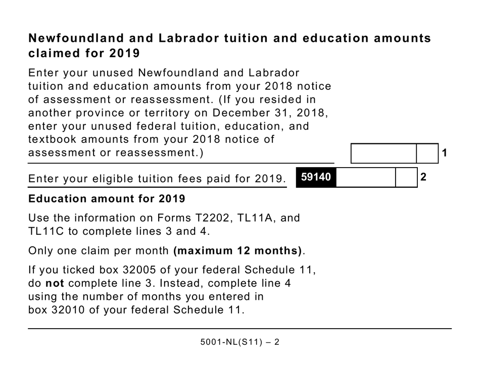 Form 5001-S11 Schedule NL(S11) Provincial Tuition and Education Amounts (Large Print) - Canada, Page 2