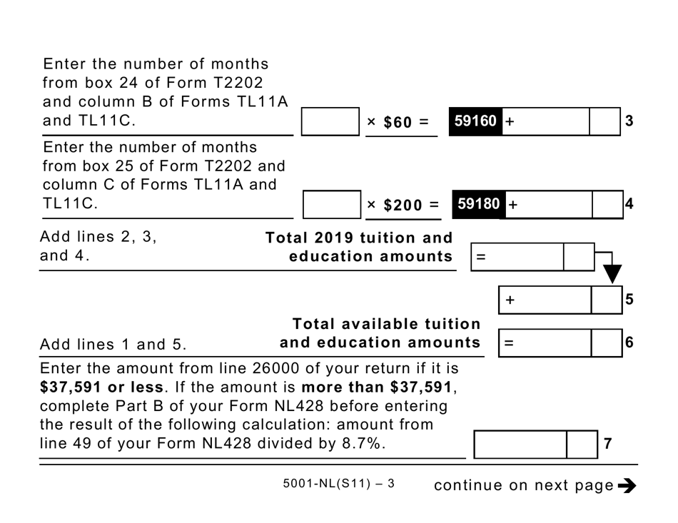 Form 5001-S11 Schedule NL(S11) Provincial Tuition and Education Amounts (Large Print) - Canada, Page 3