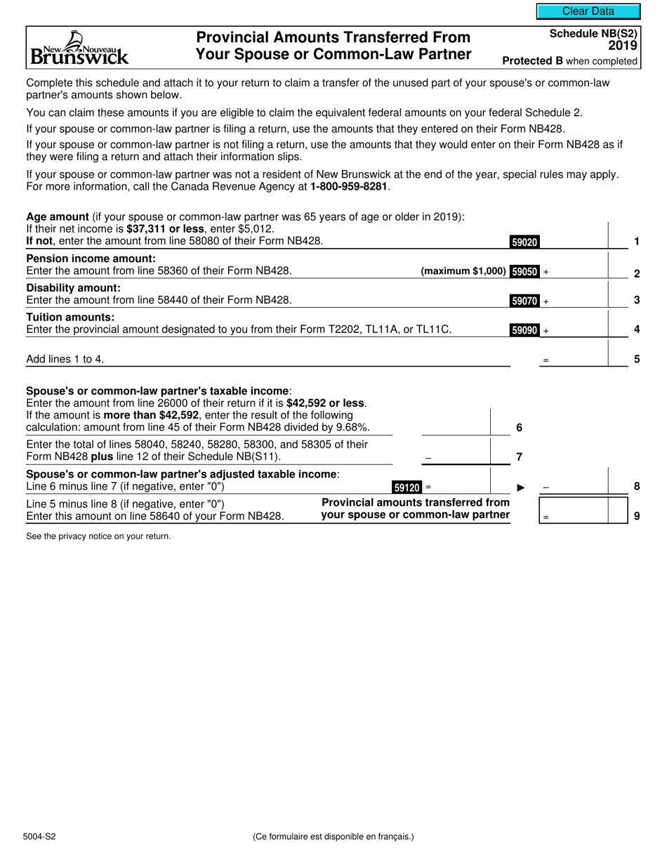 Form 5004-S2 Schedule NB(S2) Provincial Amounts Transferred From Your Spouse or Common-Law Partner - New Brunswick - Canada, Page 1