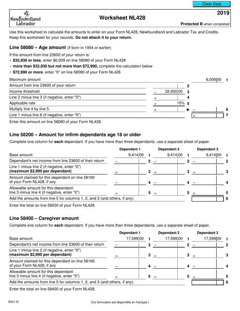 Form 5001-D Worksheet NL428 2019 Printable Pdf